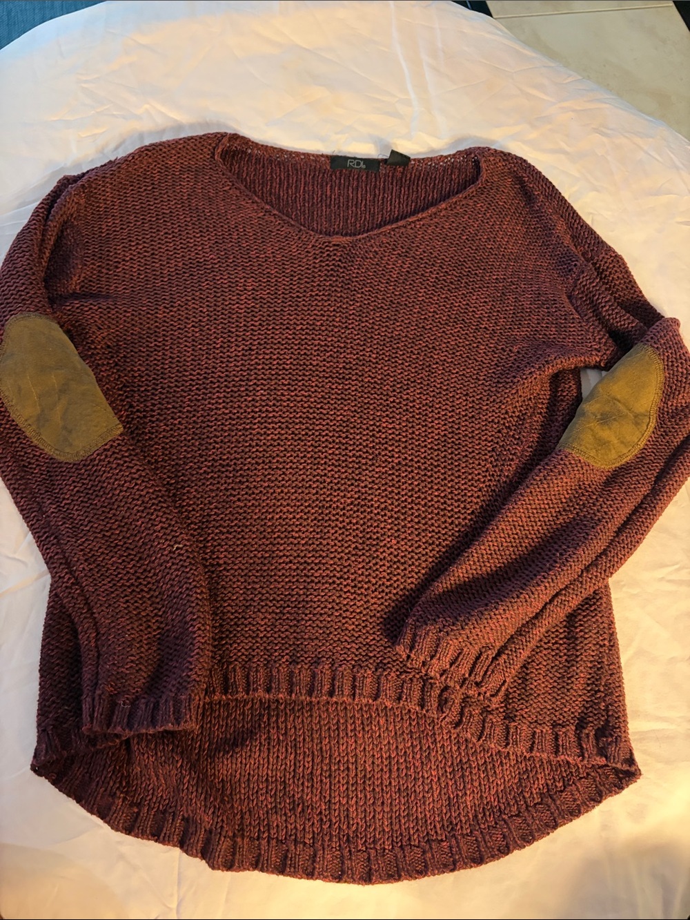 RDI Burgundy V-Neck Sweater with Tan Elbow Patches
